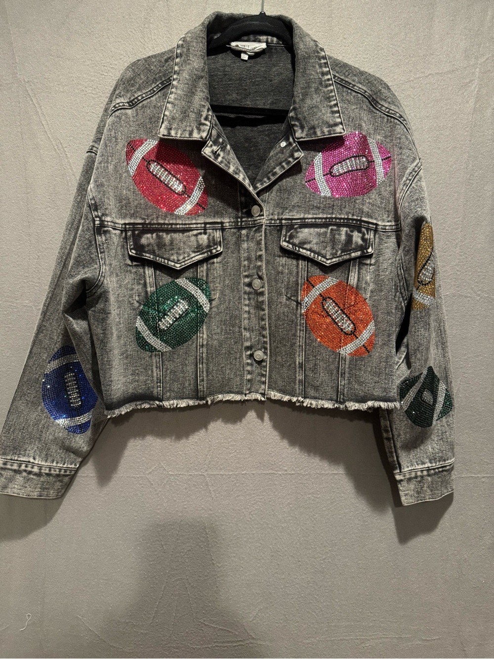 Embellished Gray Cropped Denim Jacket with Multicolor Football Motifs